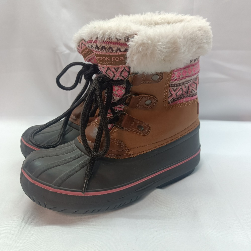 London Fog Tottenham Kids Winter Duck Boots Pink Brown Faux Fur Size 12 LFK004